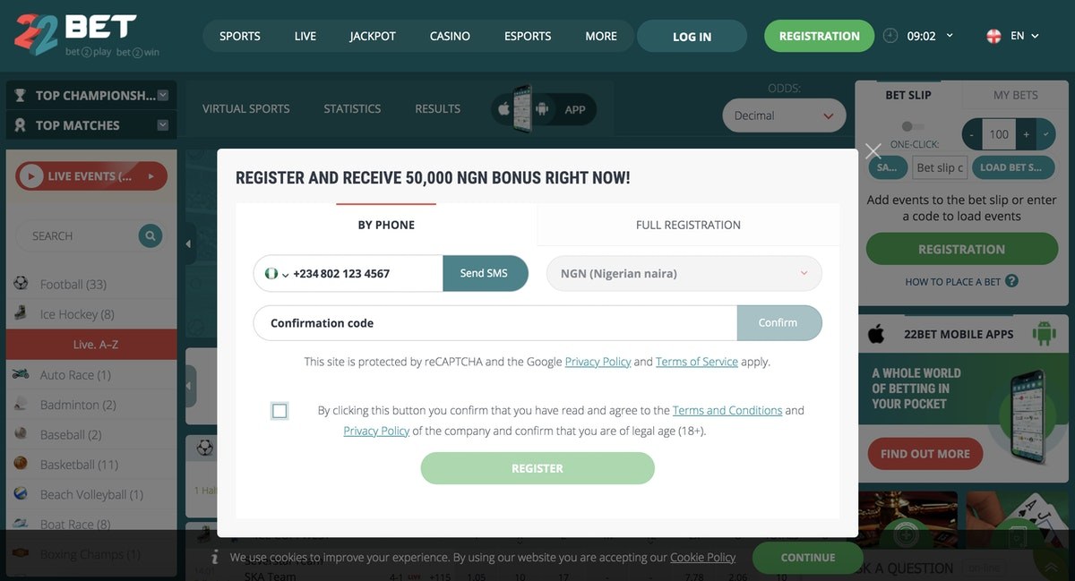 22 Bet Nigeria Signup