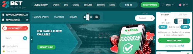 22bet is the top international mpesa betting site