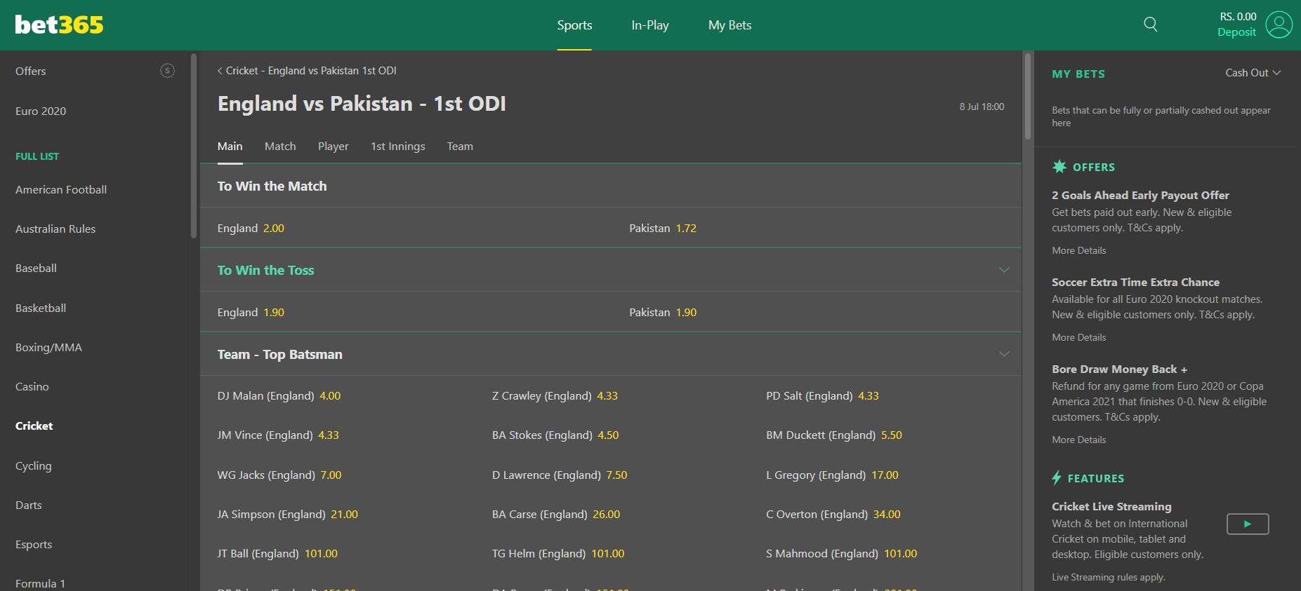 Bet365 Cricket Betting 1