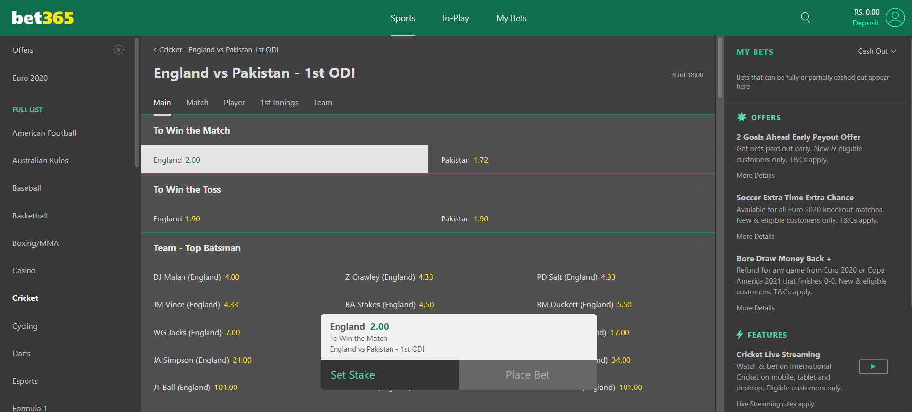 Bet365 Cricket Betting 2