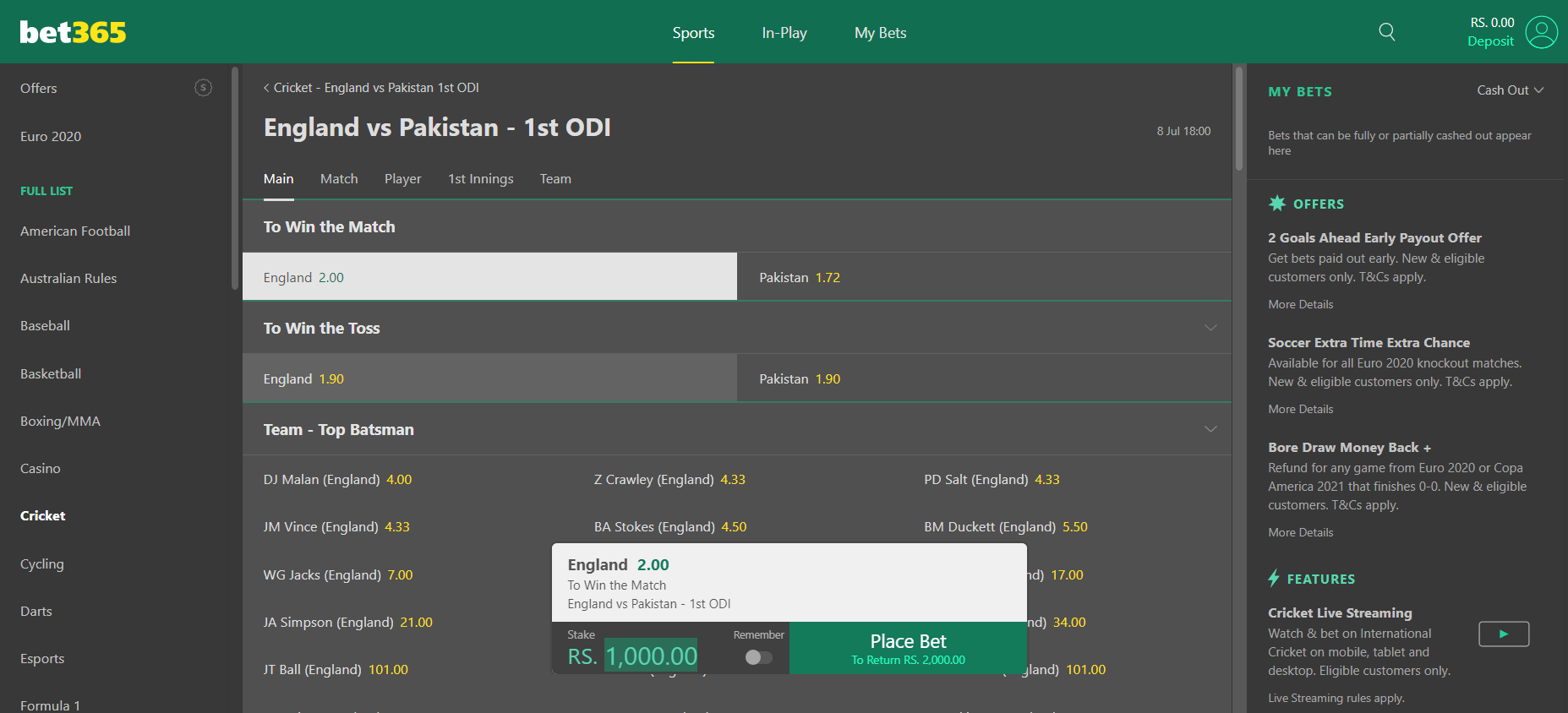 Bet365 Cricket Betting 3
