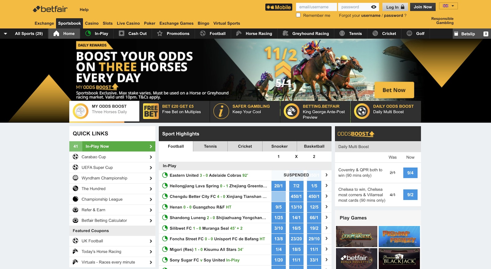 Betfair Sportsbook home