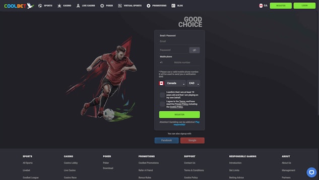 Coolbet sign up page