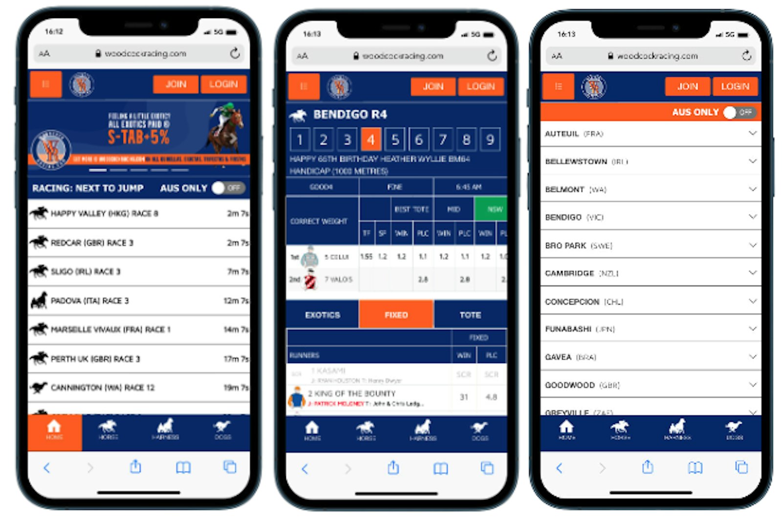 3 phones side by side using Woodcock Racing