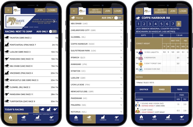 3 side by side iphone 12s showing different elements of Dave Bets mobile website