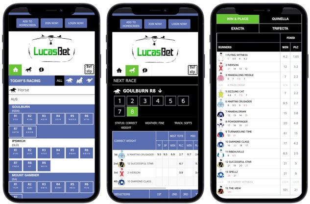 3 side by side iphone 12s showing lucasbet betting options