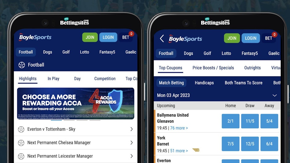 Boyle Sports football accumulator screenshots on android smartphones