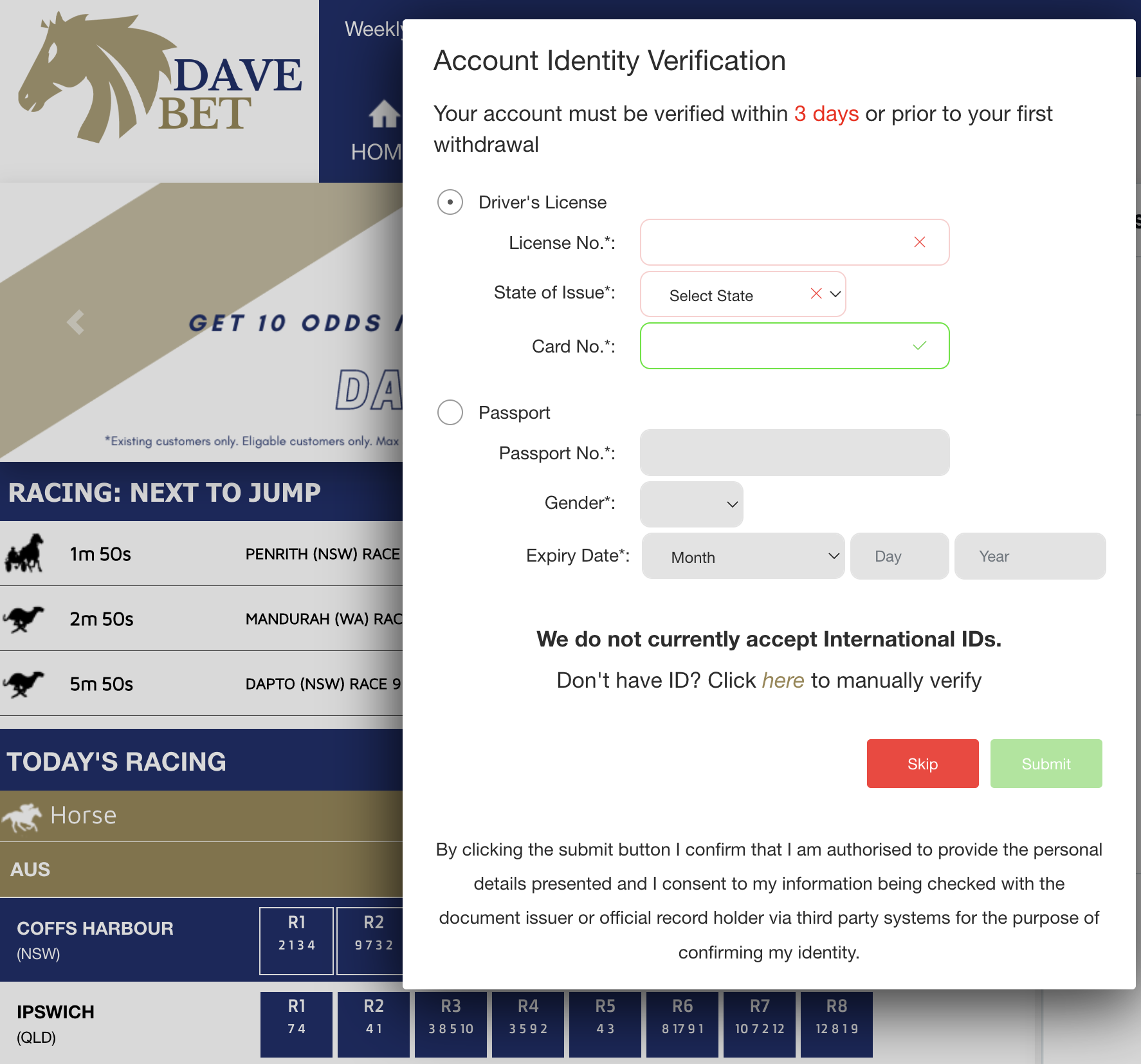 Verifying ID for DaveBet