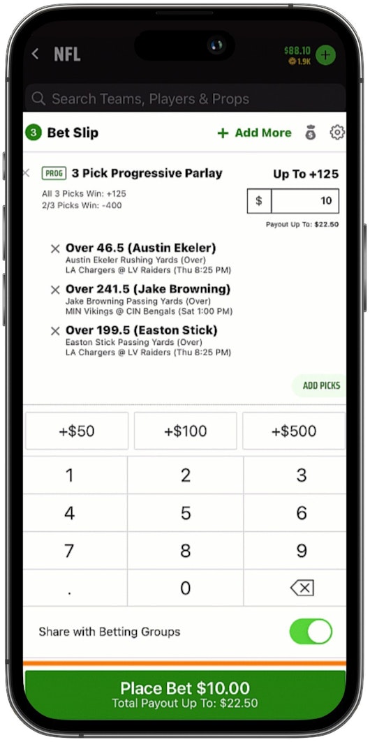 DraftKings Progressive Parlay Confirmation Screen