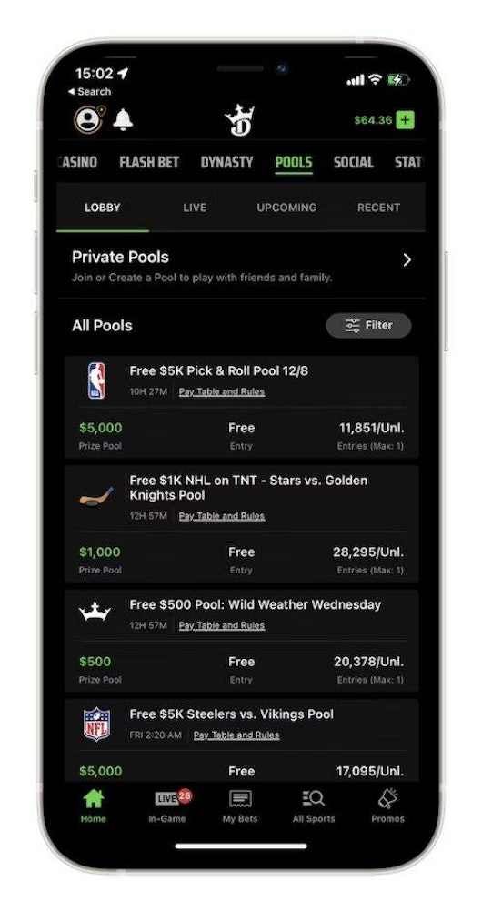 Draftkings Pools Menu
