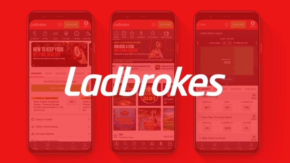 Ladbrokes promo with mobile screenshots background