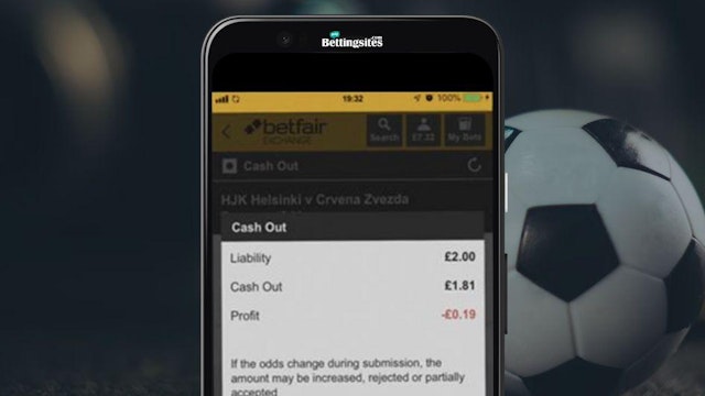 Screenshot of Betfair exchange app showing football cash out option