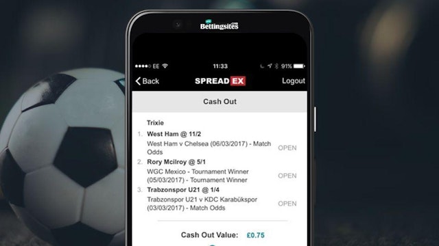 Screenshot of Spreadex app showing football cash out option available MBS