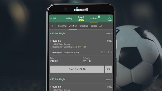 Screenshot of bet365 app showing football cash out option available MBS