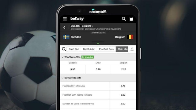Screenshot of betway football markets with cash out available