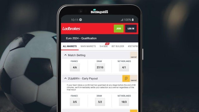 Screenshot of ladbrokes app showing football markets with cash out available