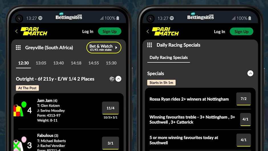 Screenshot of parimatch horse racing card and specials markets on android smartphones