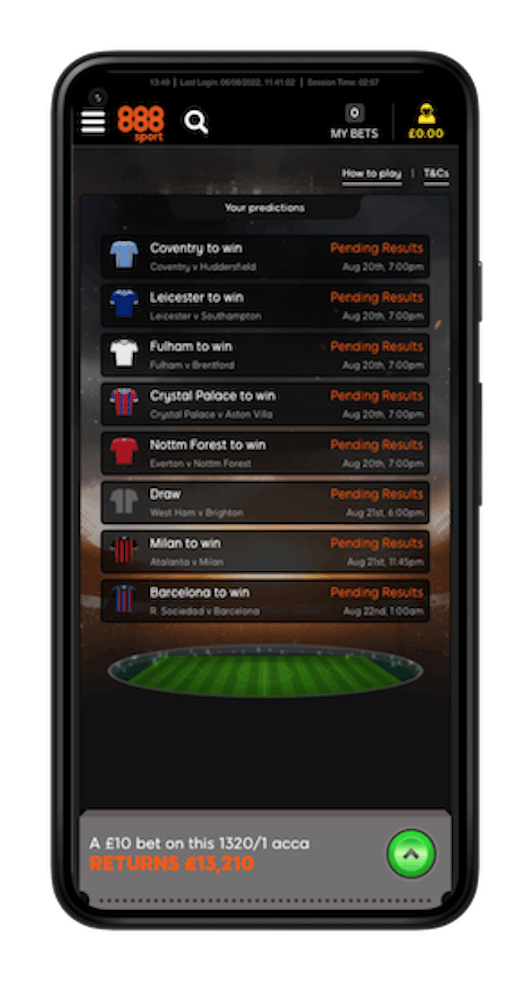 Screenshot of picks submitted for free to play game 888sport up for 8 displayed on google pixel 5