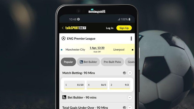 Screenshot of talksport bet app showing football markets with cash out available
