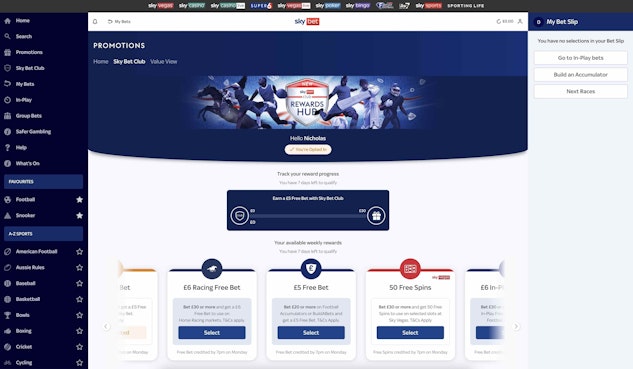 Screenshot of the Sky Bet Club