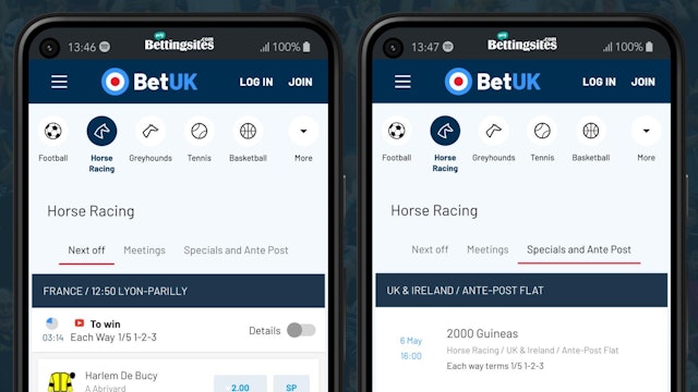 Screenshots of Bet UK horse racing race card and ante post markets on android smartphones