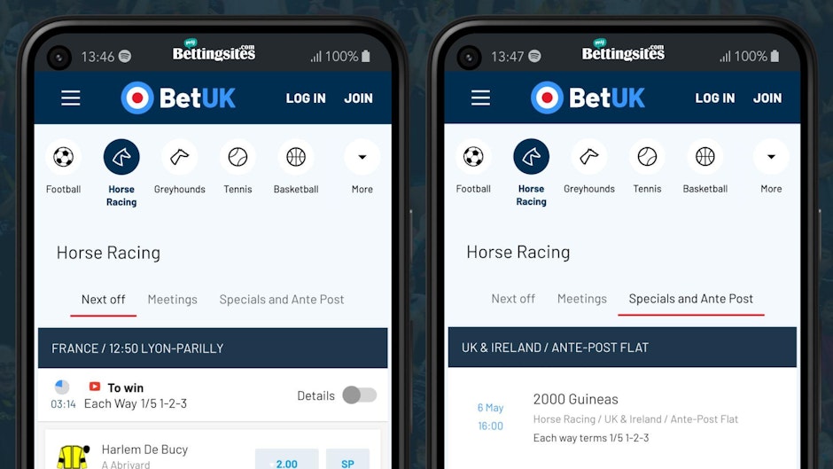 Screenshots of Bet UK horse racing race card and ante post markets on android smartphones