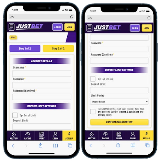 Signing up with Just Bet step 3