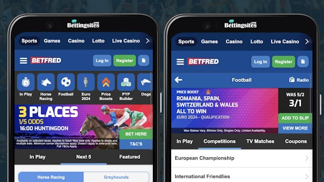 Screenshots of betfred home page and football betting markets on google pixel android smartphone