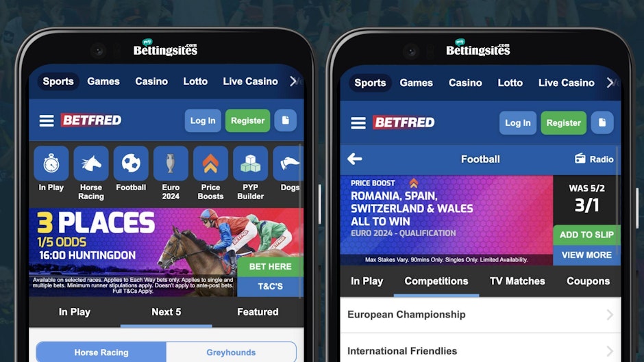 Screenshots of betfred home page and football betting markets on google pixel android smartphone