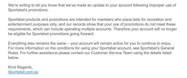 Sportsbet promotion ban screenshot
