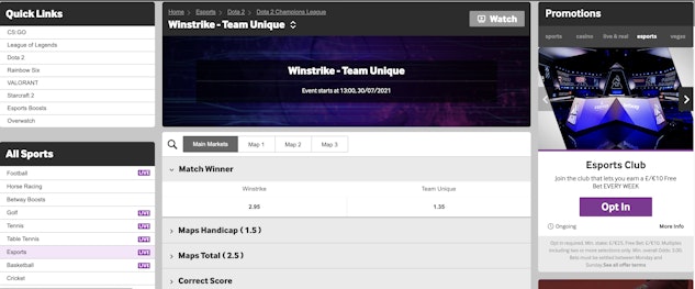 Betway Dota 2 betting