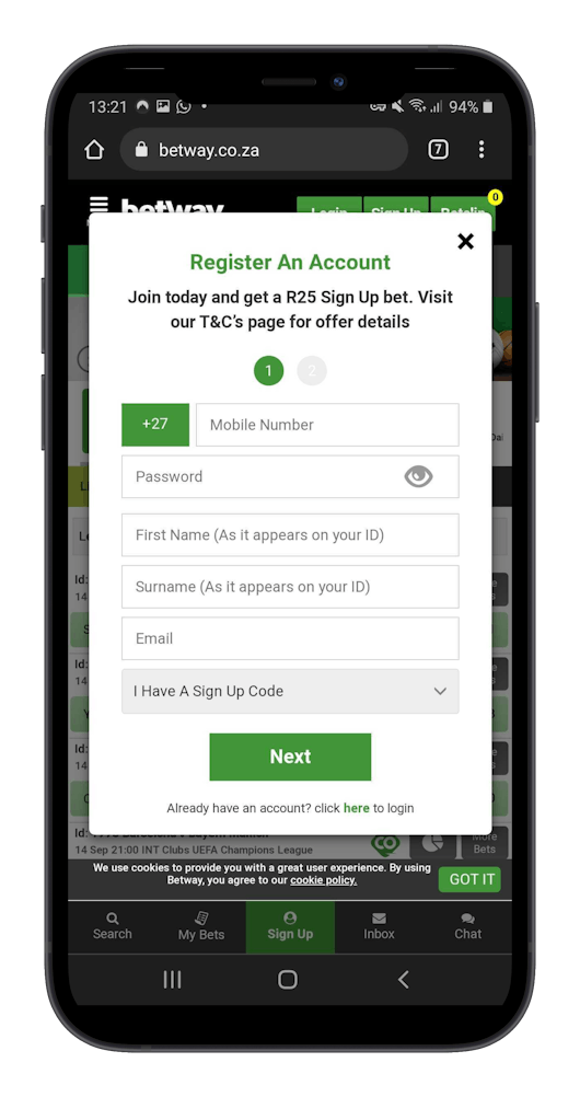 Betway Login Page Mobile iphone12black portrait