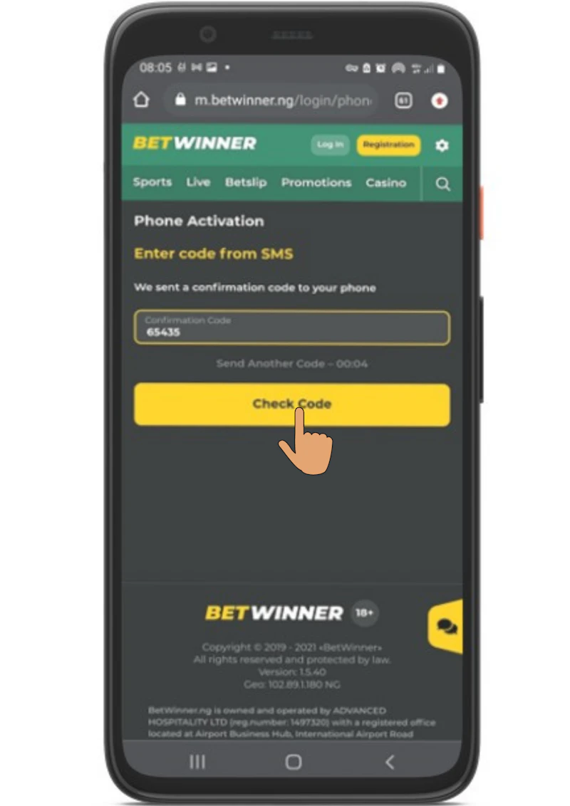Pantalla de registro de Betwinner mostrando el formulario y campos requeridos
