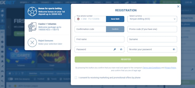 1xbet Kenya Registration by phone number