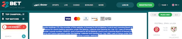 22bet kenya license