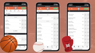 3 iphone XRS with Leo Vegas basketball Baseball and UFC on the screens with a basketball graphic a baseball graphic and a boxing glove graphic