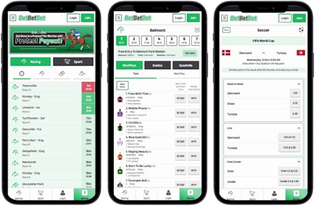 3 side by side iphones showing the betbetbet mobile betting website