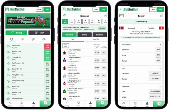 3 side by side iphones showing the betbetbet mobile betting website
