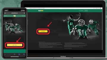 Bet365 landing page with the join now button highlighted and annonated to show users where to click when they arrive on the website