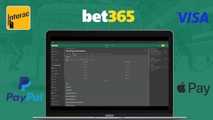 Bet365 website open on a macbook air with logos for interac visa paypal and apple pay visible