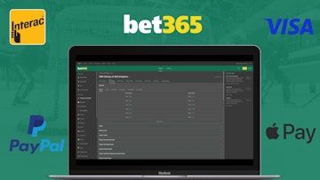 Bet365 website open on a macbook air with logos for interac visa paypal and apple pay visible