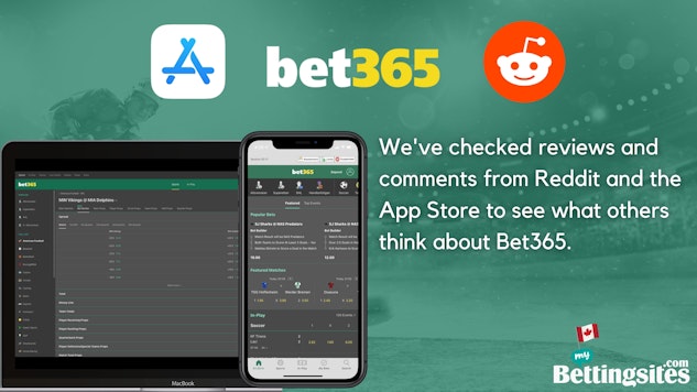 Bet365 website open on an iphone xr and on a macbook air with text mentioning that people have read reddit and app store reviews to see what other people think about the betting site
