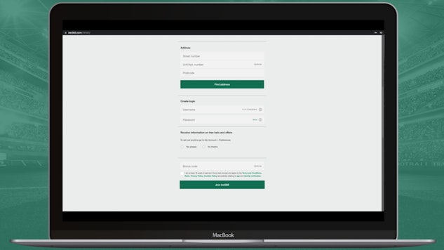 Bet365 website open with the end of the sign up sheet and join bet365 button visible