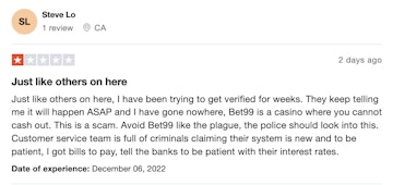 Bet99 customer review on Trustpilot
