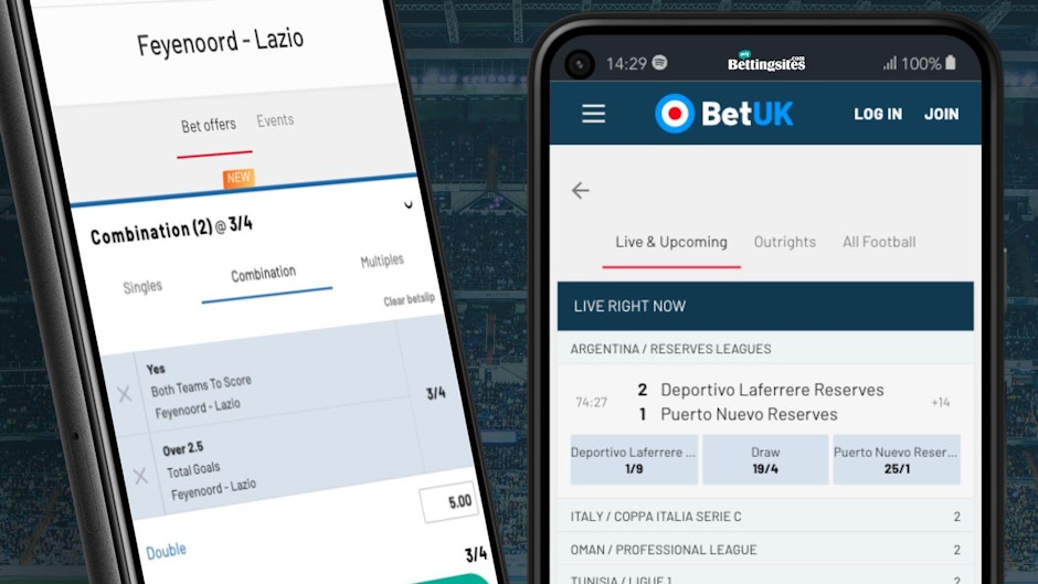 Bet UK football betting market screenshots shown on mobile devices