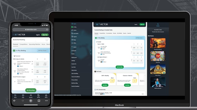 Betvictor website open and visible on an iphone xr and a macbook air
