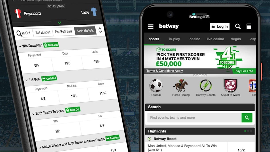 Betway football betting market screenshots shown on mobile devices