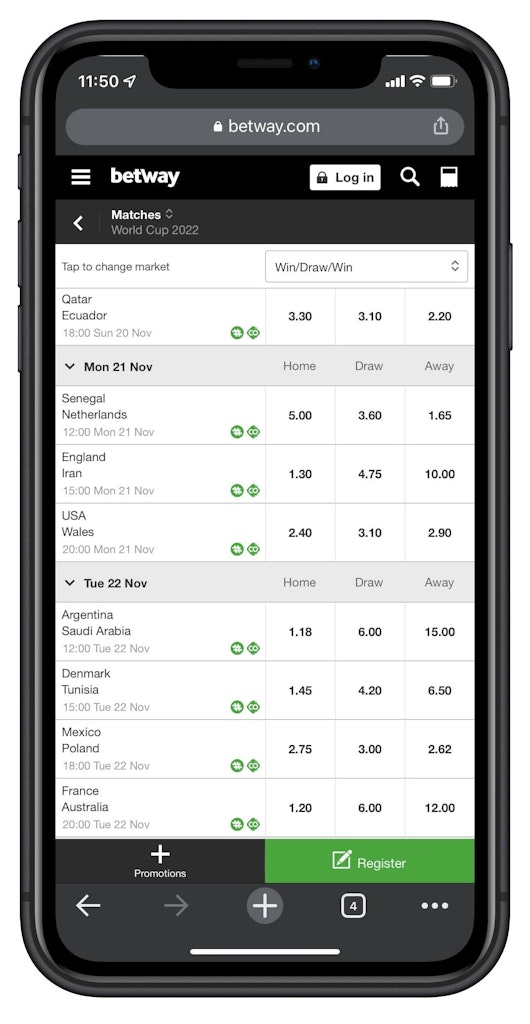 Betways match odds for the World Cup 2022 on an iphone XR