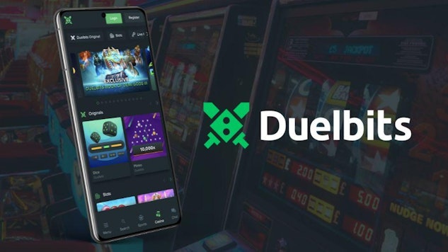 Custom image showing Duelbits logo and Duelbits casino homepage displayed on samsung galaxy s21