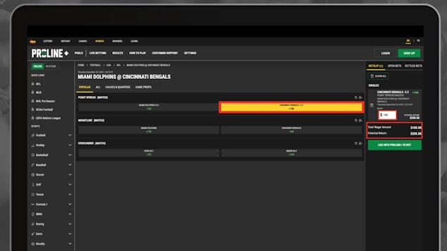Desktop mock up of of Proline open displaying odds of a game against the Miami Dolphins against the Cincinatti Bengals